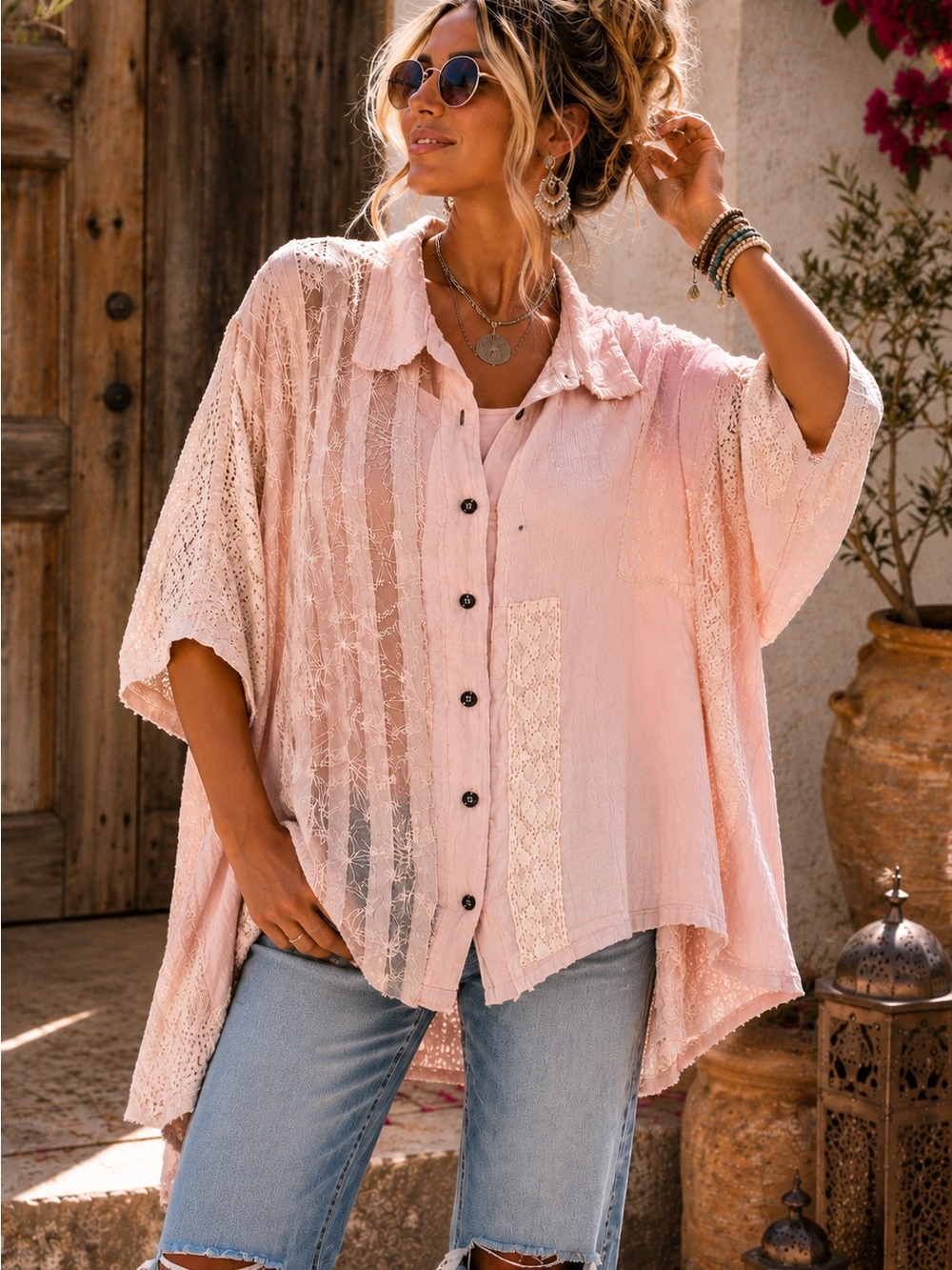 POL NWOT Blush Pink Mixed Lace Patchwork Button Down Oversized Boho Top
